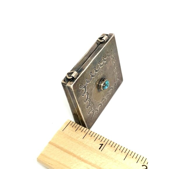 Dutch Box Antique Silver Trinket Pillbox Snuff Turquoise Engraved 1.8x1.5'' - Picture 9 of 12
